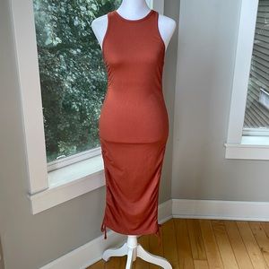 Almost Famous Copper Orange Ribbed Ruched Racerback Bodycon Midi Tank Dress Sz S